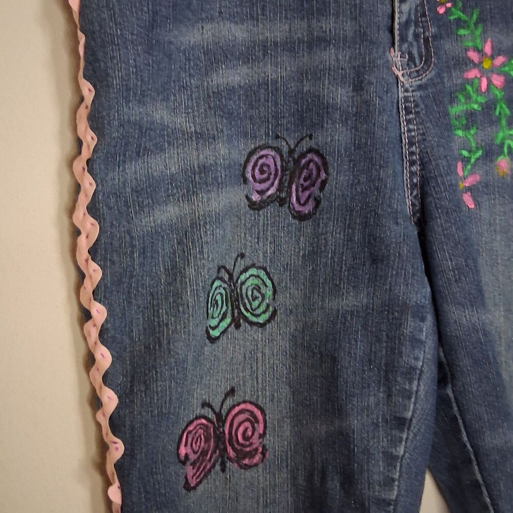 Apollo Petites 8P Embroidered Denim Capris Butterfly Floral Pink Ric Rac Trim Y2 - Picture 5 of 10